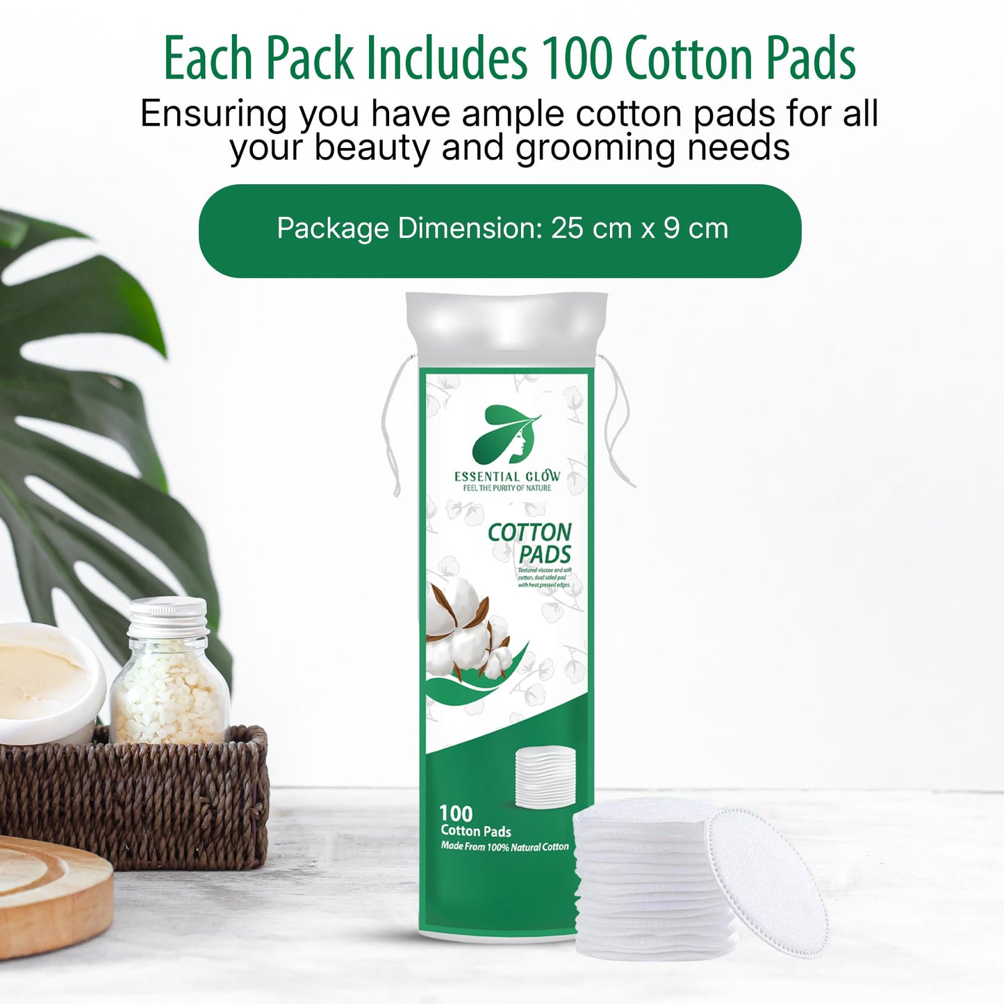 Essential Glow 300 Premium Cotton Wool Pads for Adults and Babies – Double Layered - Dual Sided Round Cotton Pads - Lint Free - Makeup Remover, Cleansing, Exfoliating and Skincare – (Pack of 3)