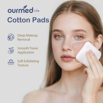 Ourmed Life Large Cotton Pads for Makeup Removal, Soft & Lint-Free Face Pads with Pressed Seam Design, Durable Biodegradable Pads for Facial Cleansing on All Skin Types, 3x3 Inch, 60 Count