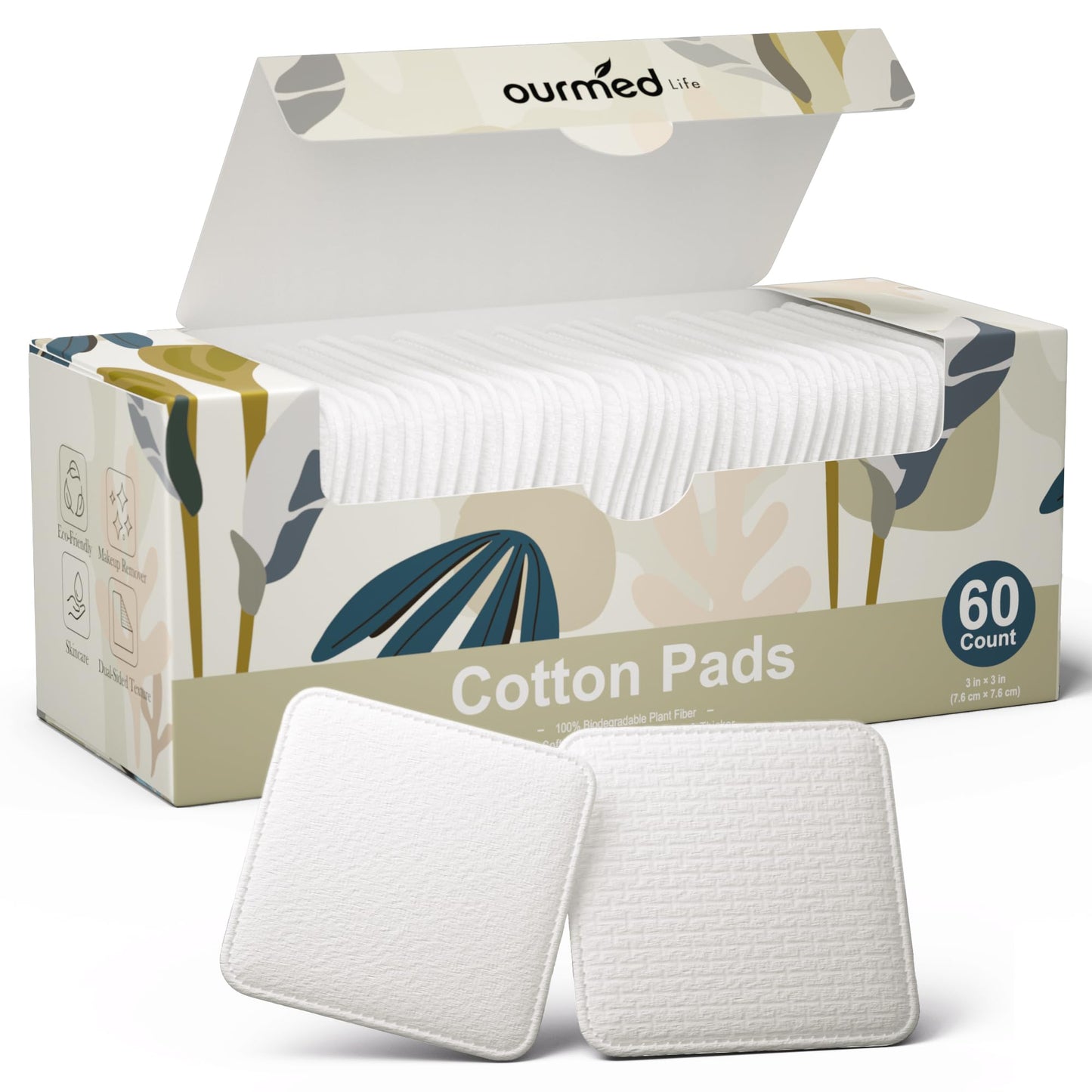 Ourmed Life Large Cotton Pads for Makeup Removal, Soft & Lint-Free Face Pads with Pressed Seam Design, Durable Biodegradable Pads for Facial Cleansing on All Skin Types, 3x3 Inch, 60 Count