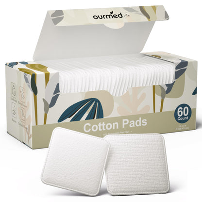 Ourmed Life Large Cotton Pads for Makeup Removal, Soft & Lint-Free Face Pads with Pressed Seam Design, Durable Biodegradable Pads for Facial Cleansing on All Skin Types, 3x3 Inch, 60 Count