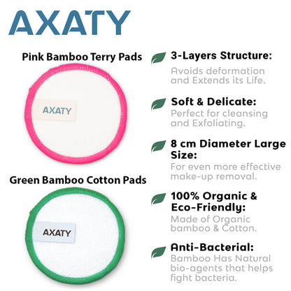 AXATY 3-Layers 20 Reusable Makeup Remover Pads - Organic Bamboo Cotton Pads with Drawstring Bag, Eco-Friendly Cleansing Face Pads - Makeup Remover for All Skin Types (Brown, 20 Pads Set)
