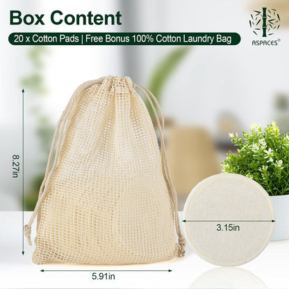 ASPACES Reusable Makeup Remover Pads - 20 Packs Natural Bamboo Cotton Rounds Eco-Friendly for All Skin Types with Cotton Laundry Bag, White