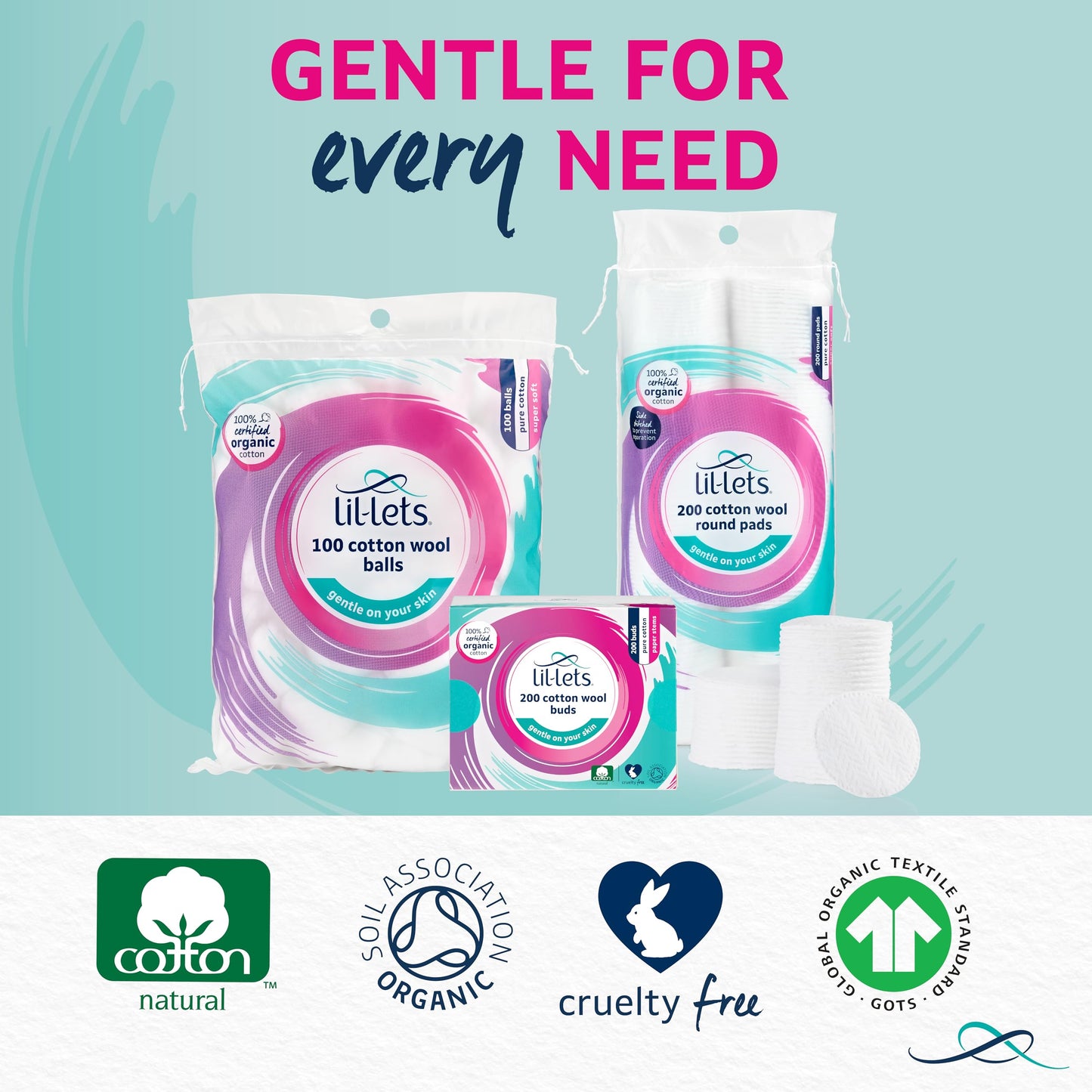 Lil-Lets Cotton Wool Round Pads, 200 Count, Certified Organic, 100% Pure Cotton Wool, Soft and Absorbent, Gentle on Skin, Dermatologically Tested, Bulk Pack