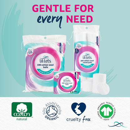 Lil-Lets Cotton Wool Round Pads, 200 Count, Certified Organic, 100% Pure Cotton Wool, Soft and Absorbent, Gentle on Skin, Dermatologically Tested, Bulk Pack